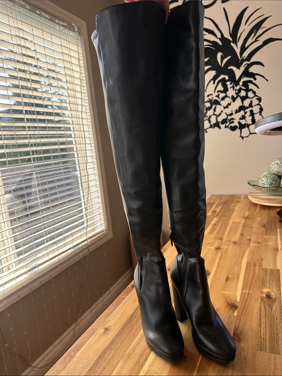 Aldo Shoes - Aldo Black Faux-Leather Over-the-Knee Block Heel Boots